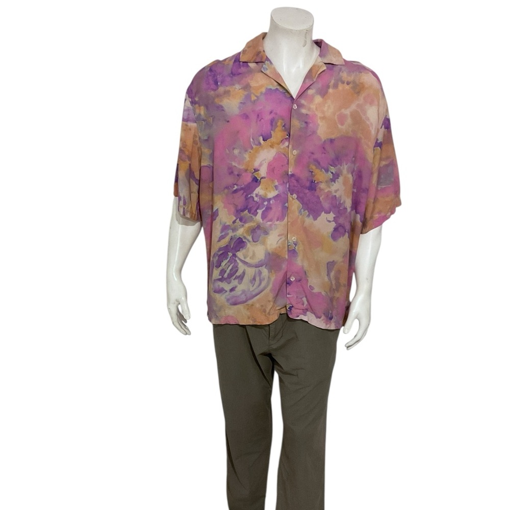 MSGM Men’s Purple Floral Paisley Short Sleeve Button Shirt